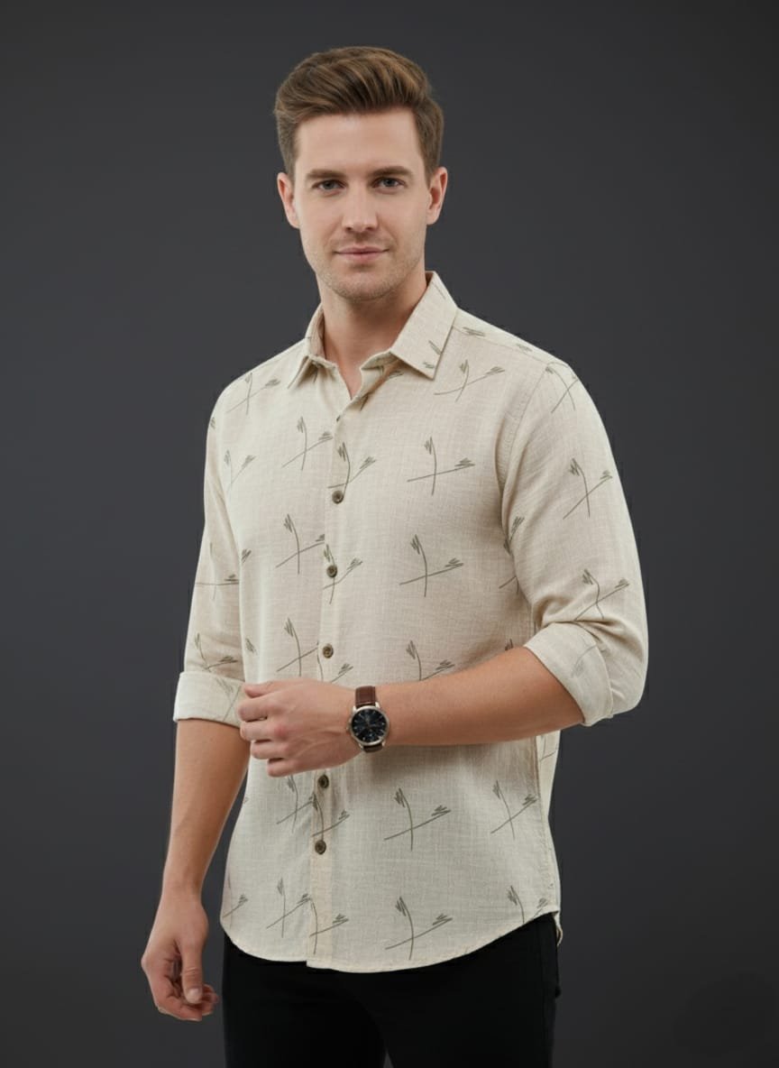 Men’s Beige Arrow Print Jute Cotton Shirt